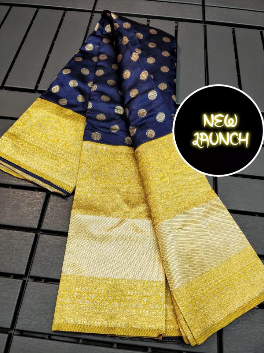 Premium Yellow & Navy Blue Colored Soft Lichi Silk Saree with Rich Pallu & Contrast Jacquard Border Blouse