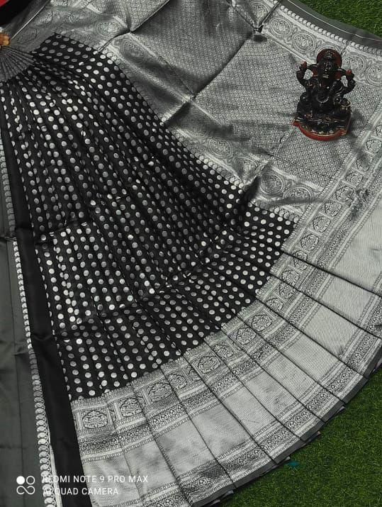 Premium Black Colored Soft Lichi Silk Saree with Rich Pallu & Contrast Jacquard Border Blouse