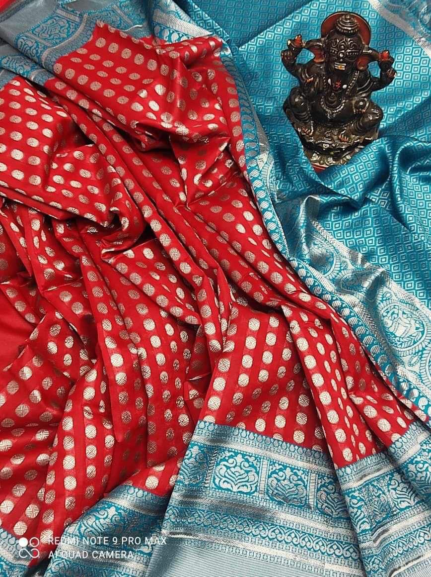 Premium Red & Sky Blue Colored Soft Lichi Silk Saree with Rich Pallu & Contrast Jacquard Border Blouse