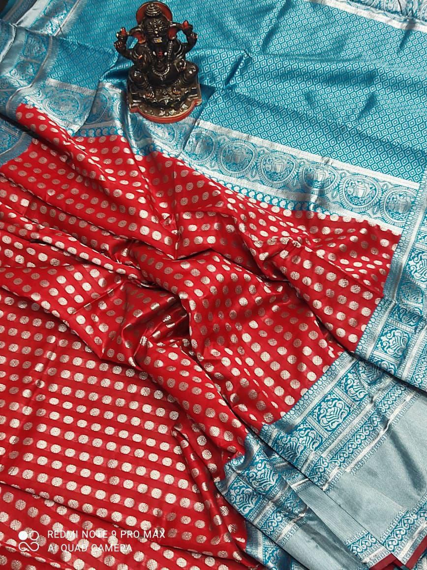 Premium Red & Sky Blue Colored Soft Lichi Silk Saree with Rich Pallu & Contrast Jacquard Border Blouse