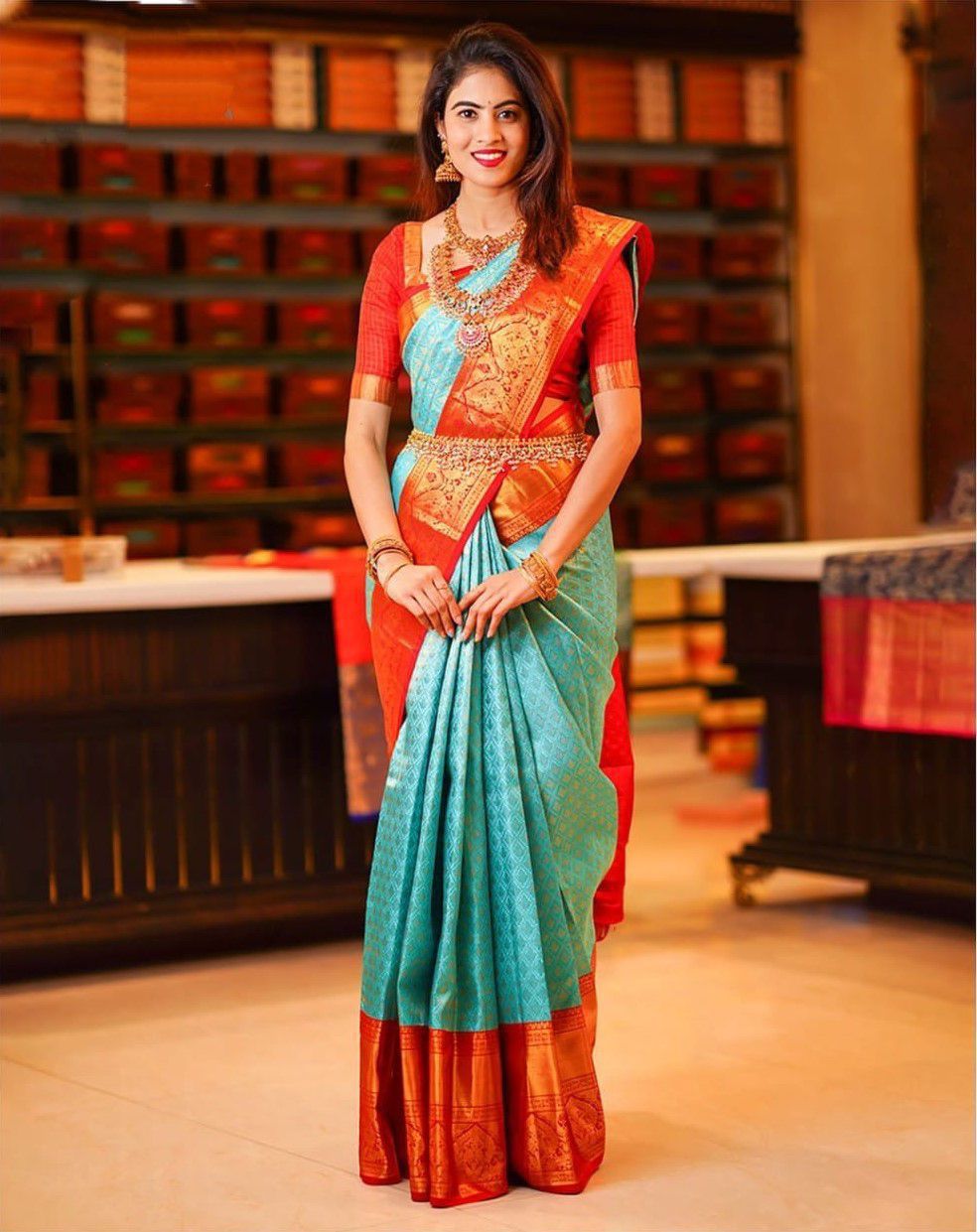 Premium Blue & Orange Colored Soft Lichi Silk Saree with Rich Pallu & Jacquard Weaving