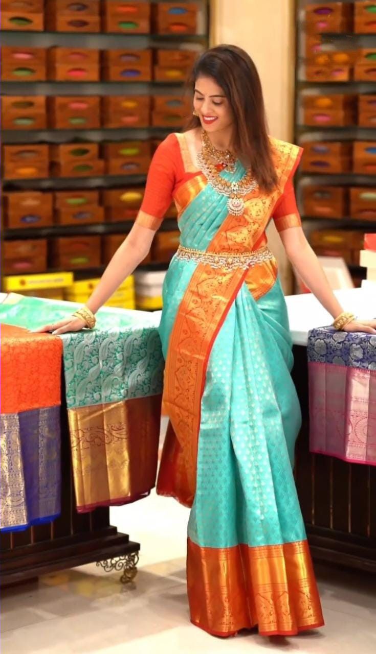 Premium Blue & Orange Colored Soft Lichi Silk Saree with Rich Pallu & Jacquard Weaving