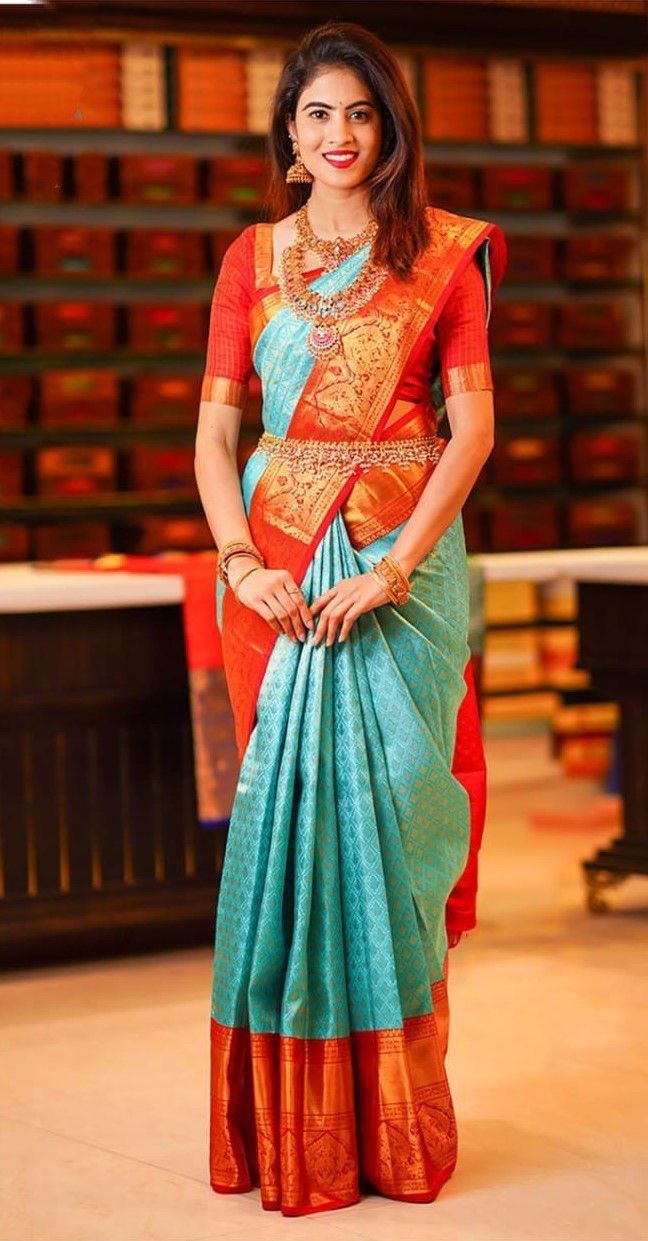 Premium Blue & Orange Colored Soft Lichi Silk Saree with Rich Pallu & Jacquard Weaving