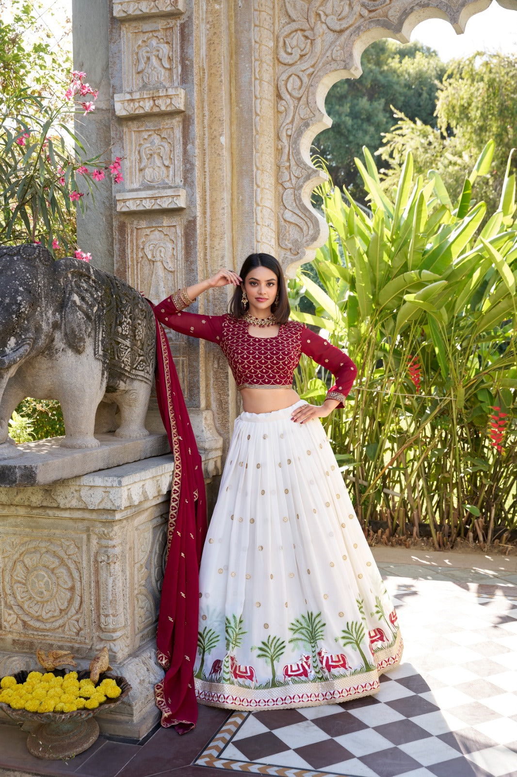 Premium Red & White Georgette Sequins Embroidered Lehenga Set with Dupatta