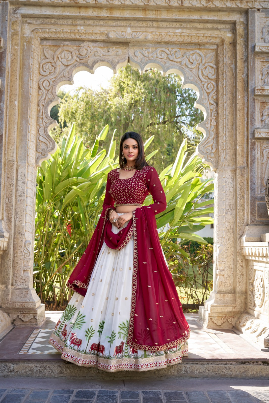 Premium Red & White Georgette Sequins Embroidered Lehenga Set with Dupatta