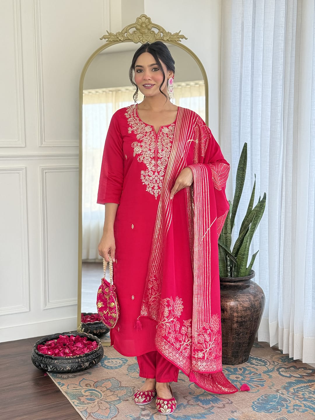 Premium Rani Pink Colored Roman Silk Embroidered Kurta Set with Chanderi Jacquard Dupatta