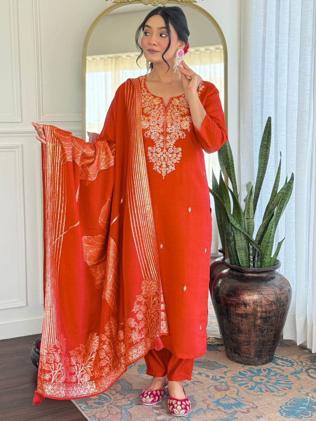 Premium Orange Colored Roman Silk Embroidered Kurta Set with Chanderi Jacquard Dupatta