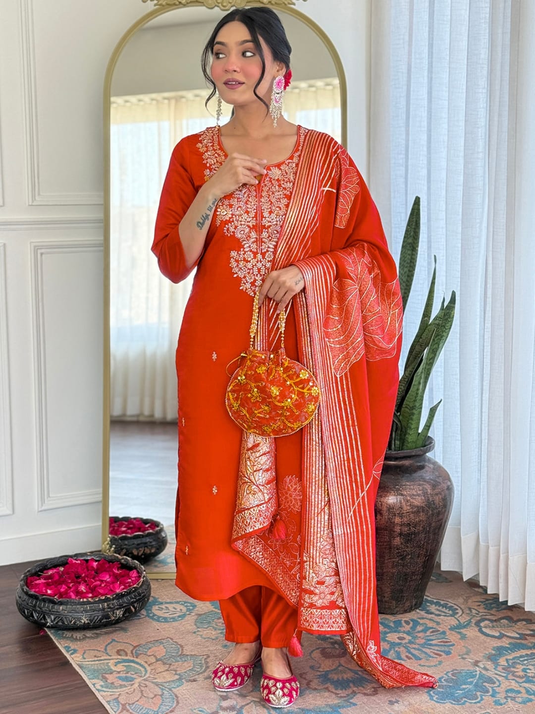 Premium Orange Colored Roman Silk Embroidered Kurta Set with Chanderi Jacquard Dupatta