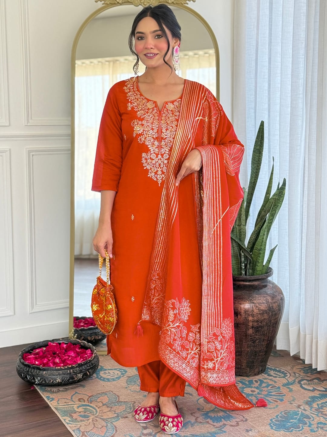 Premium Orange Colored Roman Silk Embroidered Kurta Set with Chanderi Jacquard Dupatta