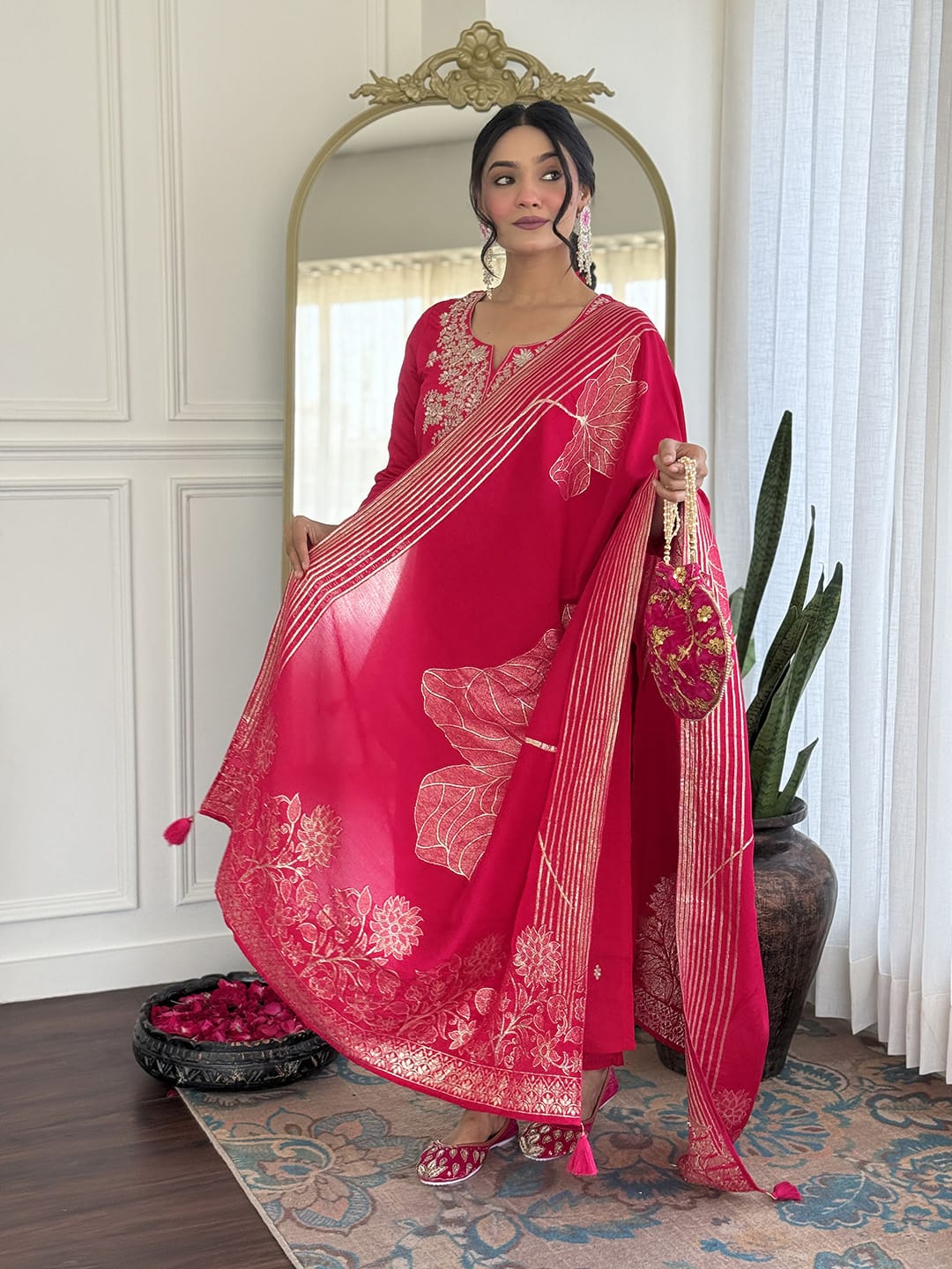 Premium Rani Pink Colored Roman Silk Embroidered Kurta Set with Chanderi Jacquard Dupatta