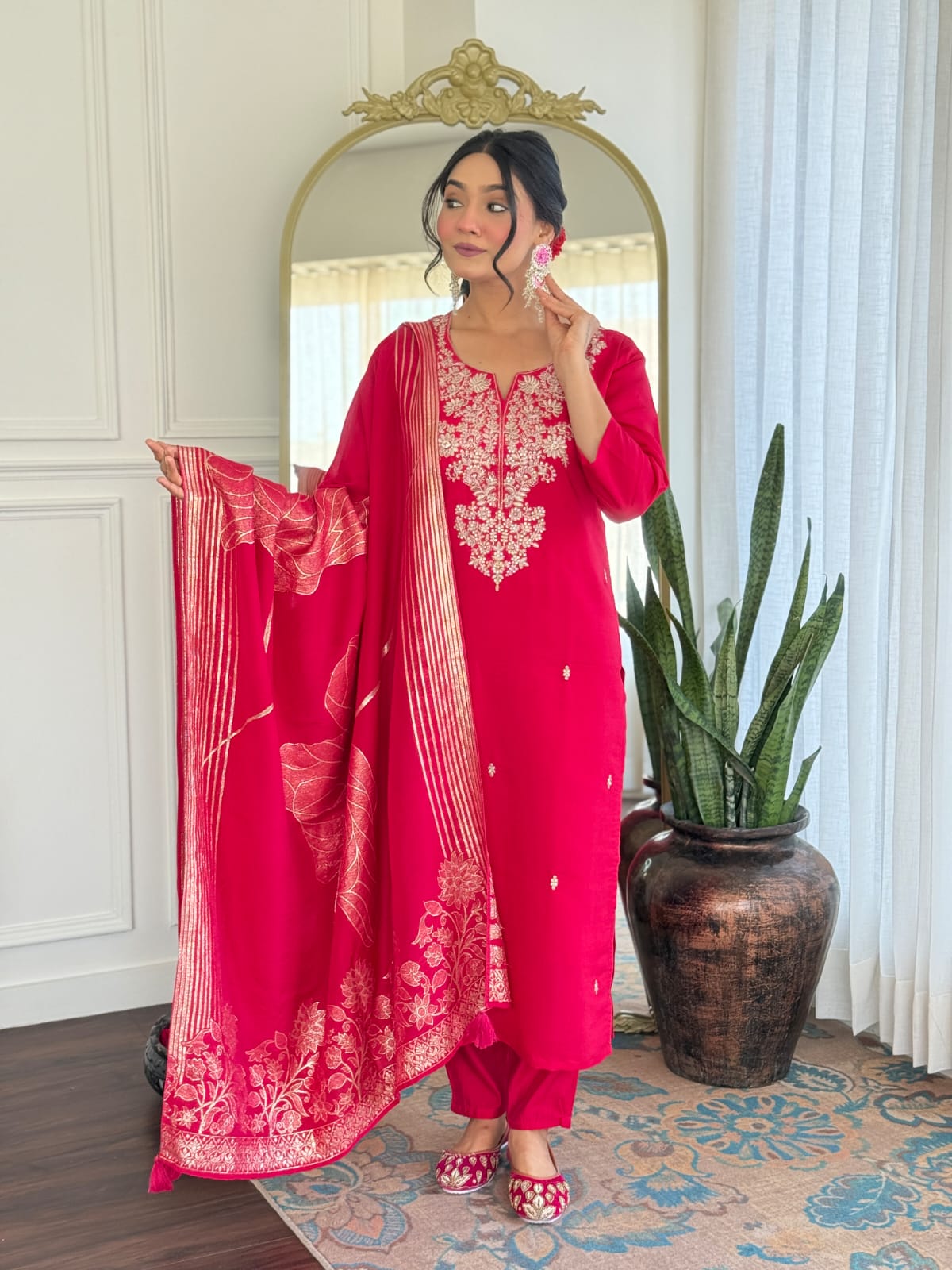 Premium Rani Pink Colored Roman Silk Embroidered Kurta Set with Chanderi Jacquard Dupatta