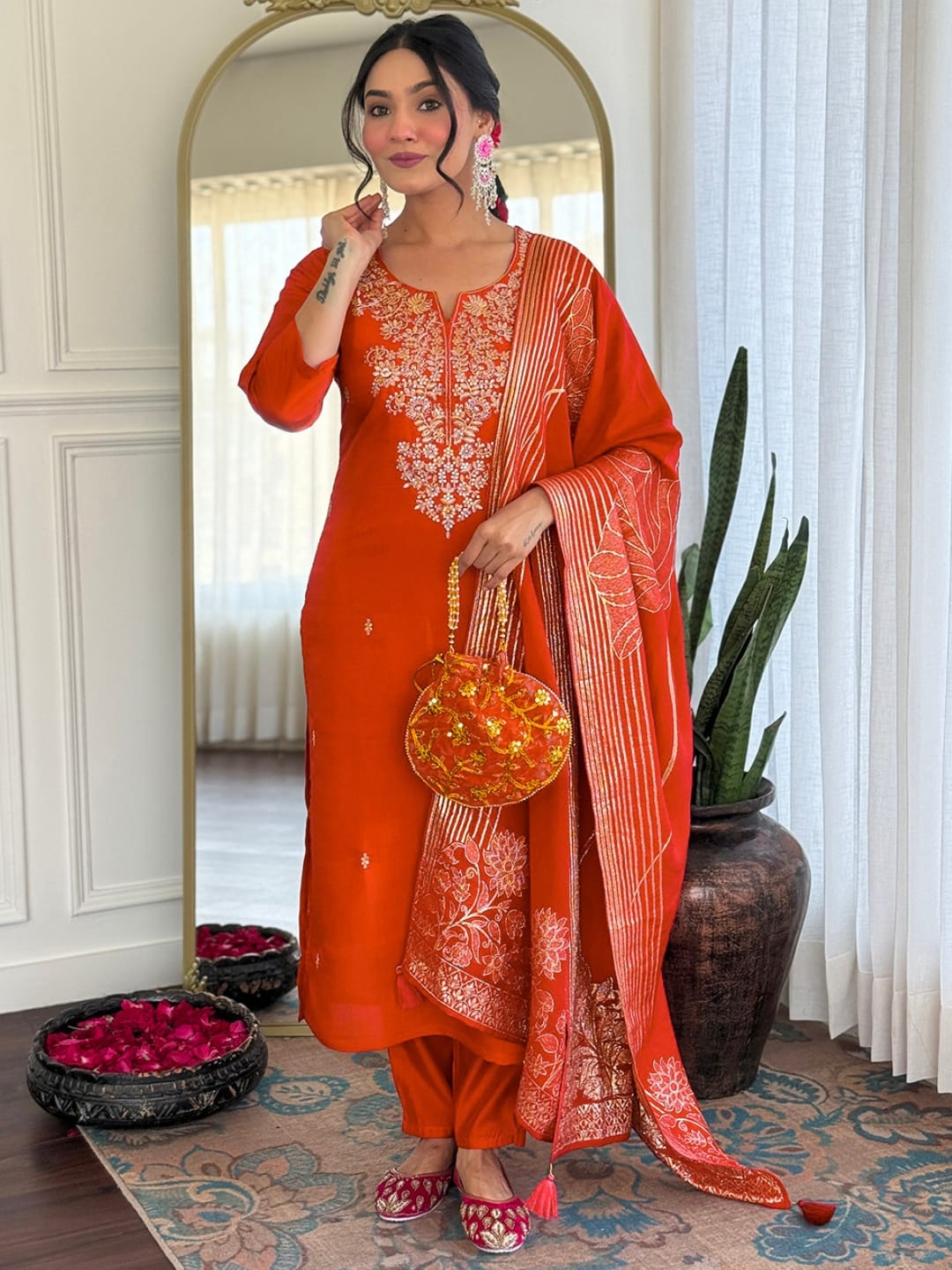 Premium Orange Colored Roman Silk Embroidered Kurta Set with Chanderi Jacquard Dupatta