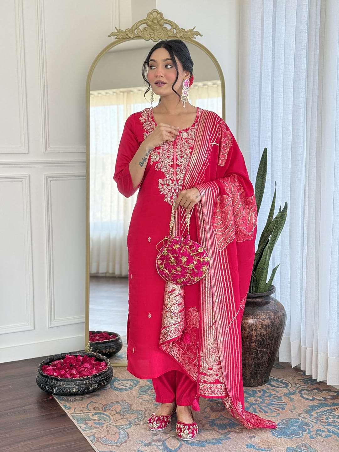 Premium Rani Pink Colored Roman Silk Embroidered Kurta Set with Chanderi Jacquard Dupatta
