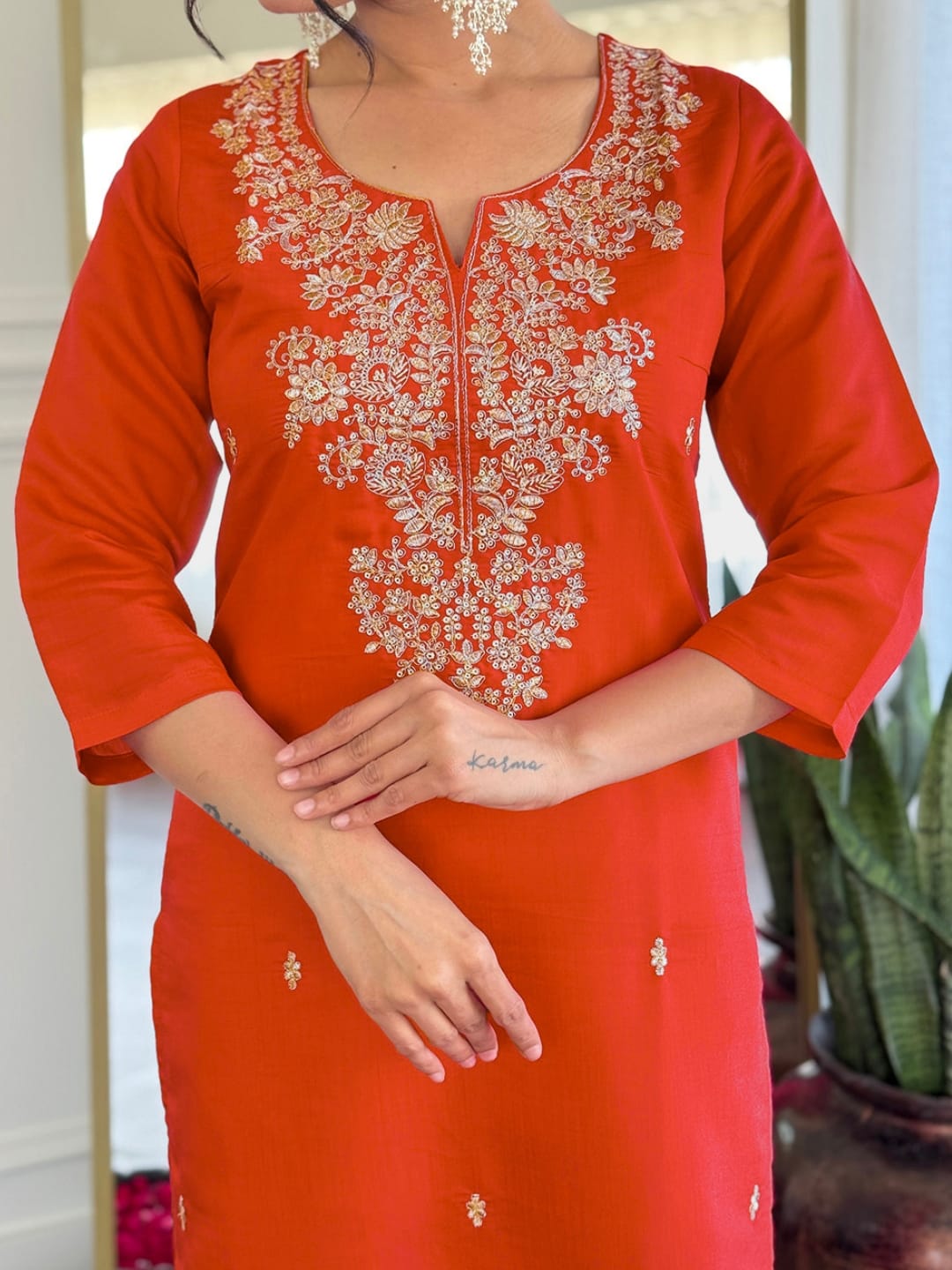 Premium Orange Colored Roman Silk Embroidered Kurta Set with Chanderi Jacquard Dupatta