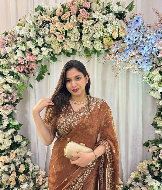 Premium Frendy Chiffon Bronze Colored Sequins Embroidered Saree with Heavy Sequins Blouse