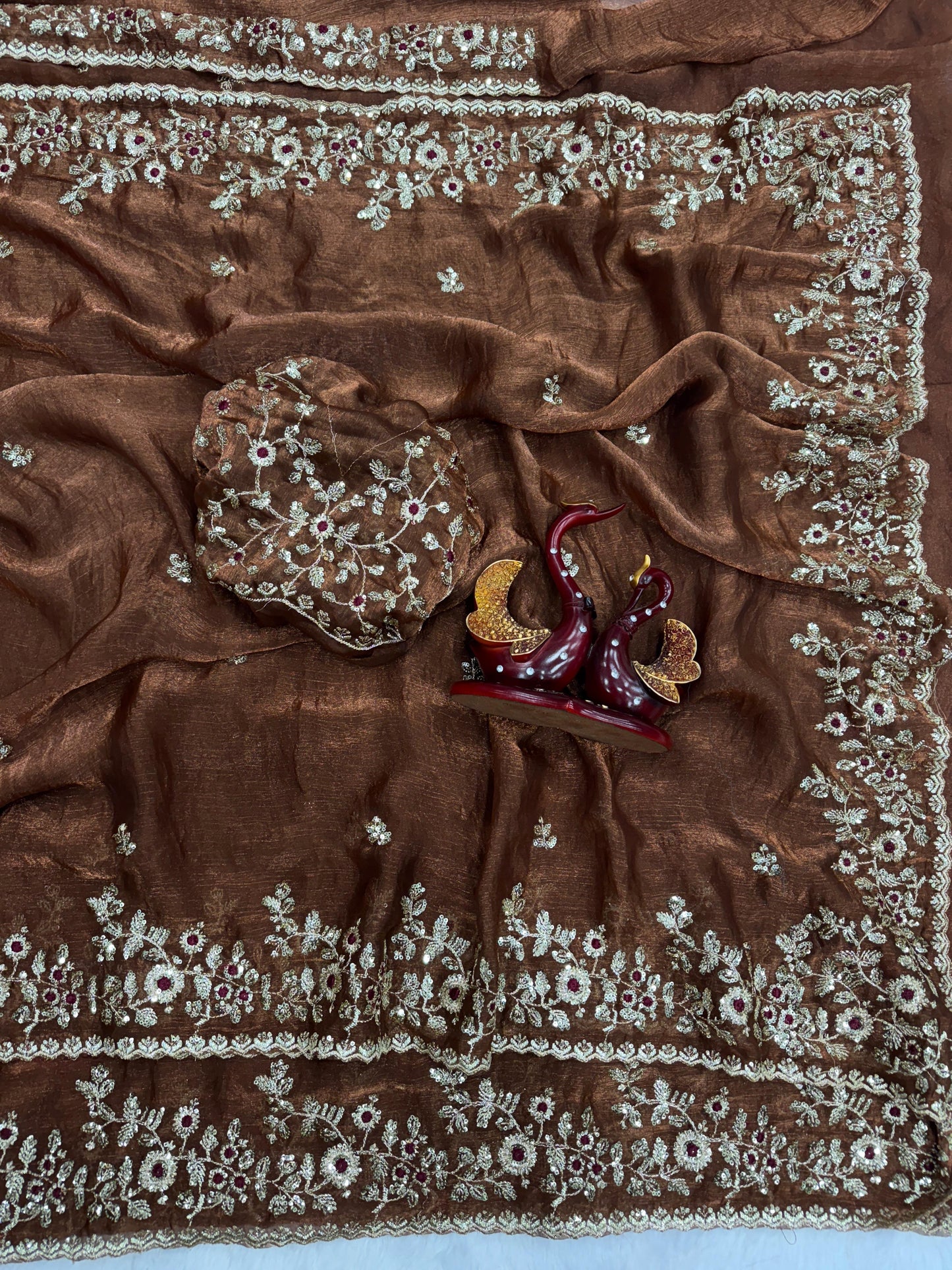 Premium Frendy Chiffon Brown Colored Sequins Embroidered Saree with Heavy Sequins Blouse