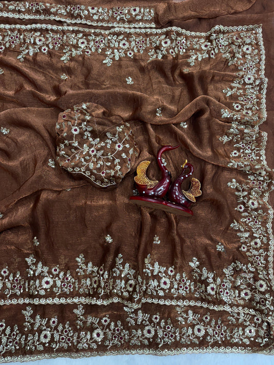 Premium Frendy Chiffon Brown Colored Sequins Embroidered Saree with Heavy Sequins Blouse