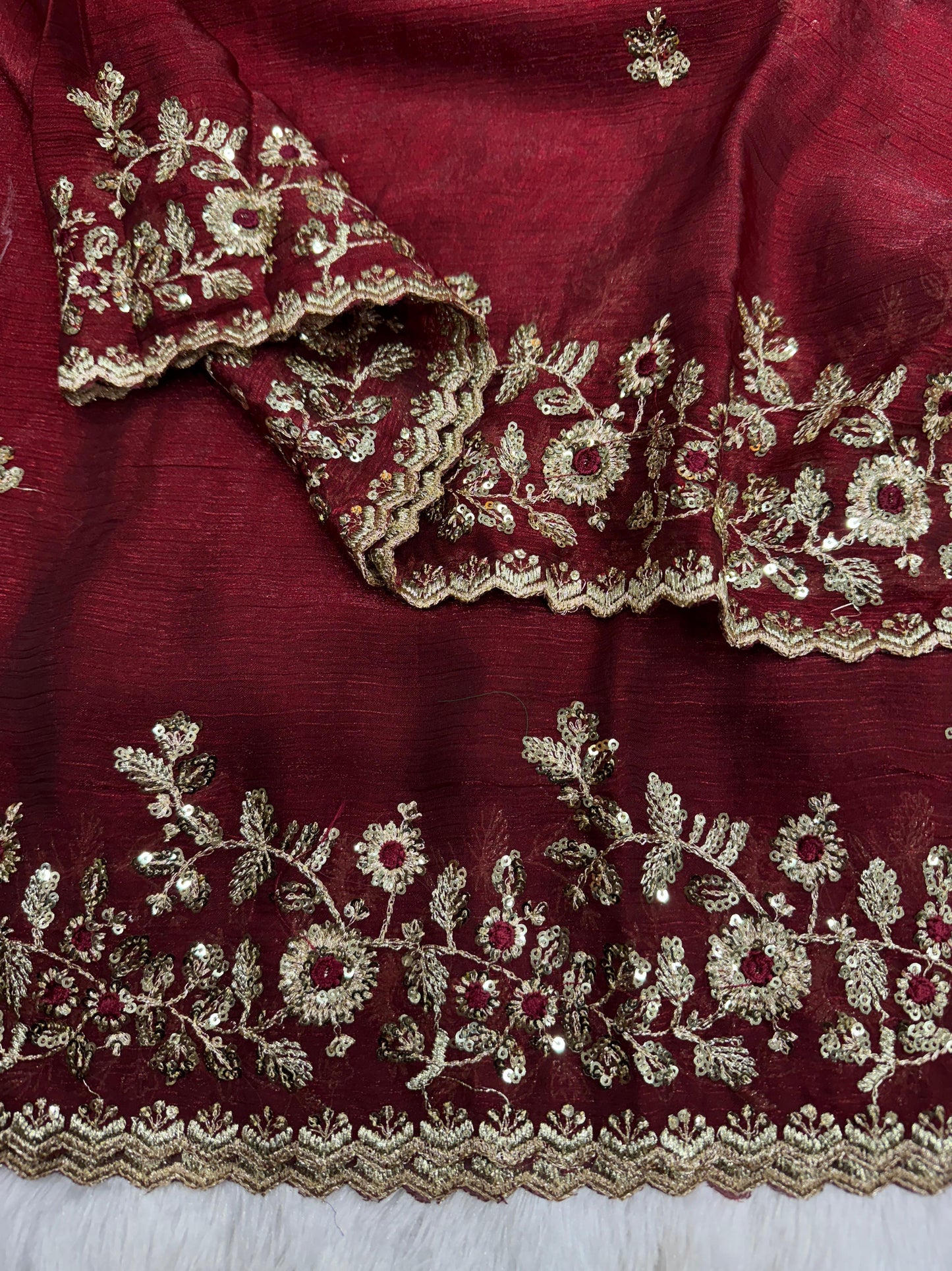 Premium Frendy Chiffon Wine Red Colored Sequins Embroidered Saree with Heavy Sequins Blouse