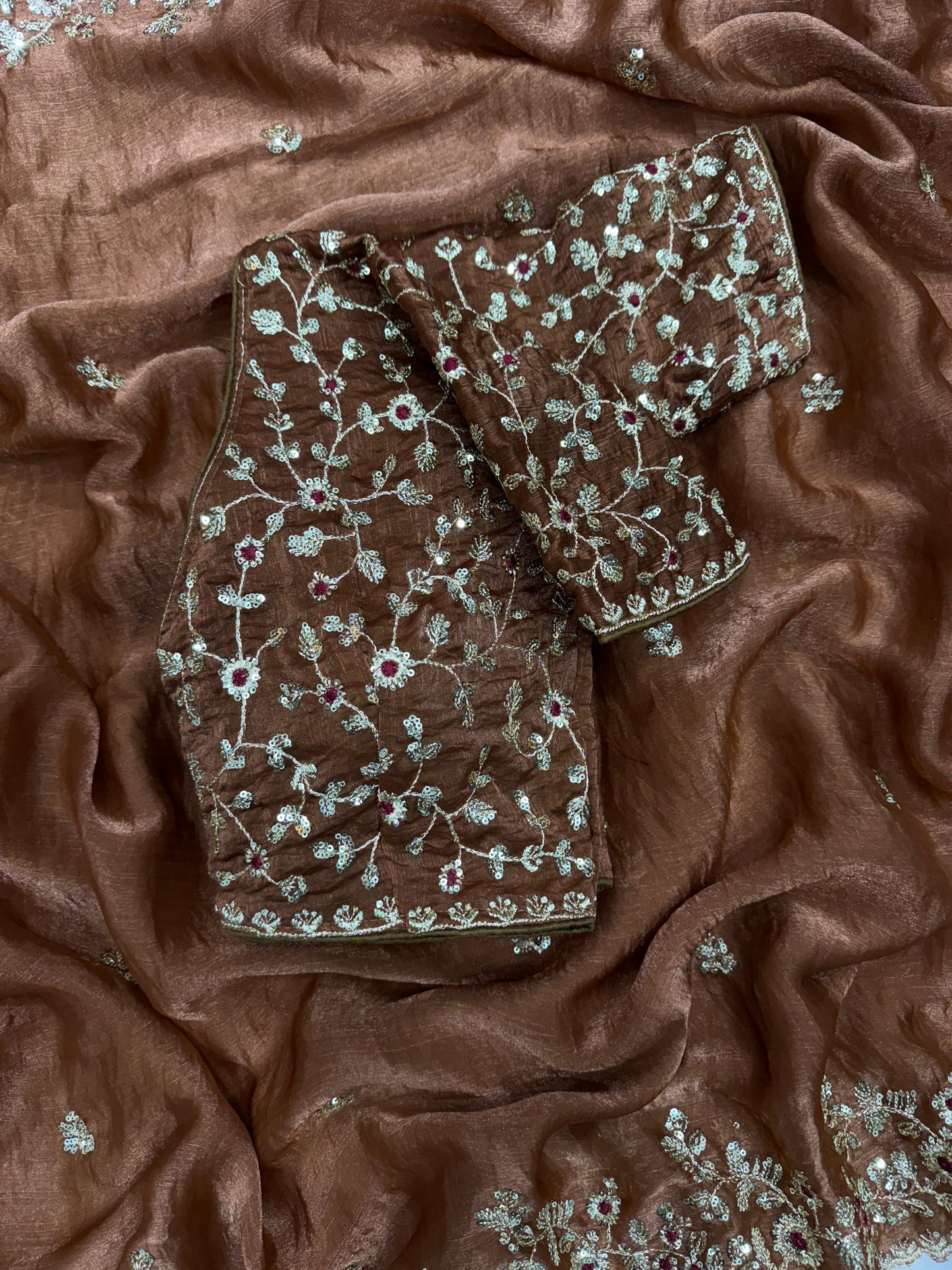 Premium Frendy Chiffon Brown Colored Sequins Embroidered Saree with Heavy Sequins Blouse