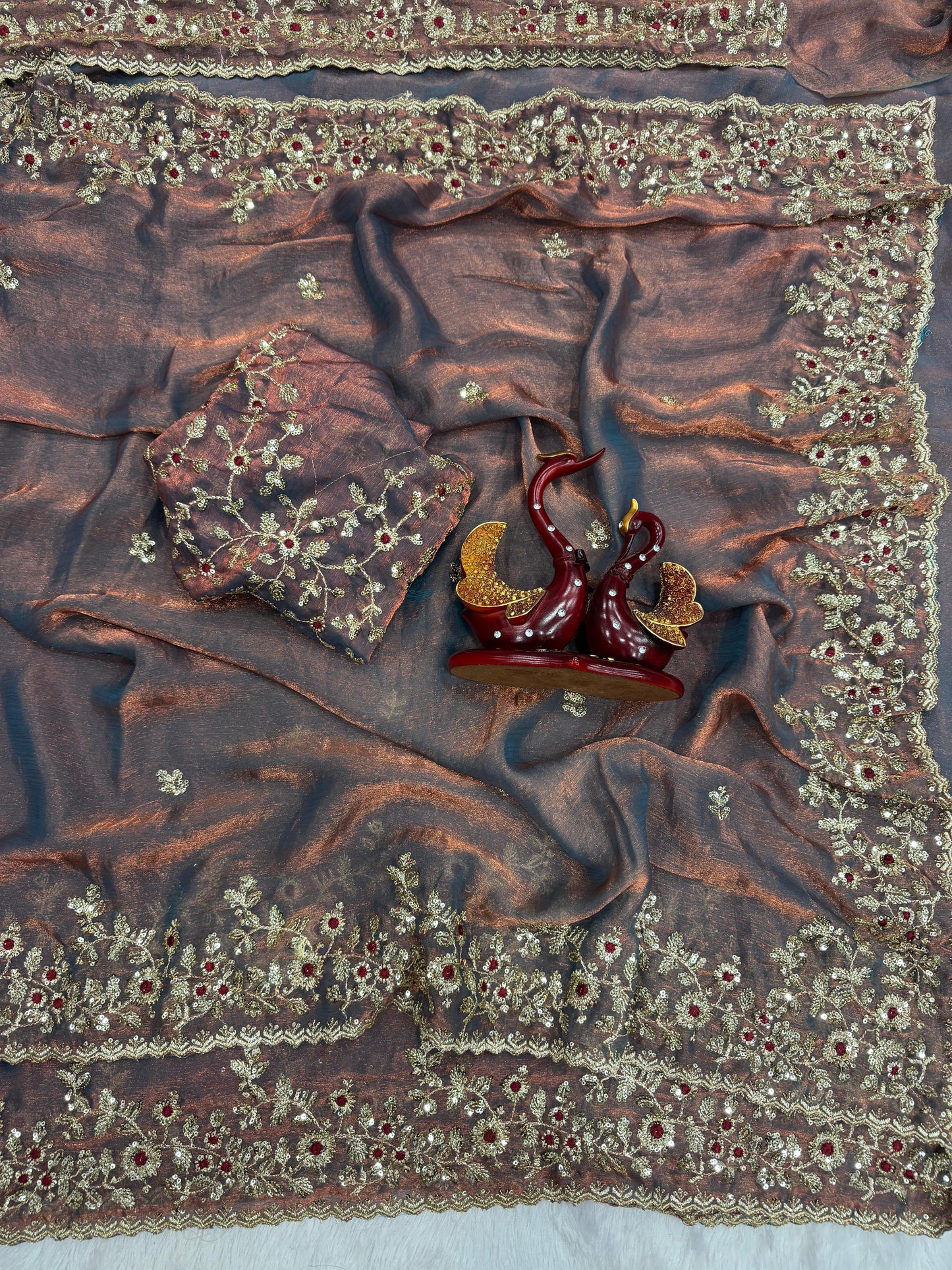 Premium Frendy Chiffon Beige Colored Sequins Embroidered Saree with Heavy Sequins Blouse