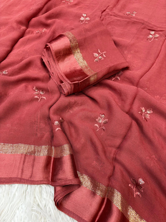 Pure Viscose Georgette Light Pink Colored Saree with Satin Border & All Over Embroidery