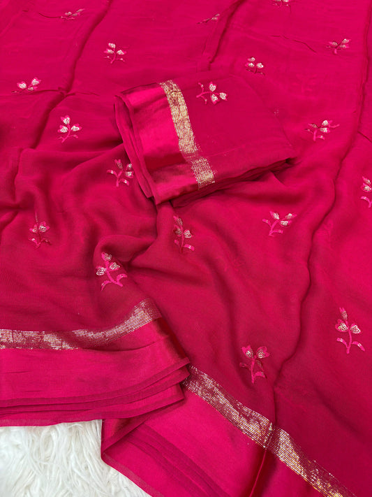 Pure Viscose Georgette Rani Pink Colored Saree with Satin Border & All Over Embroidery