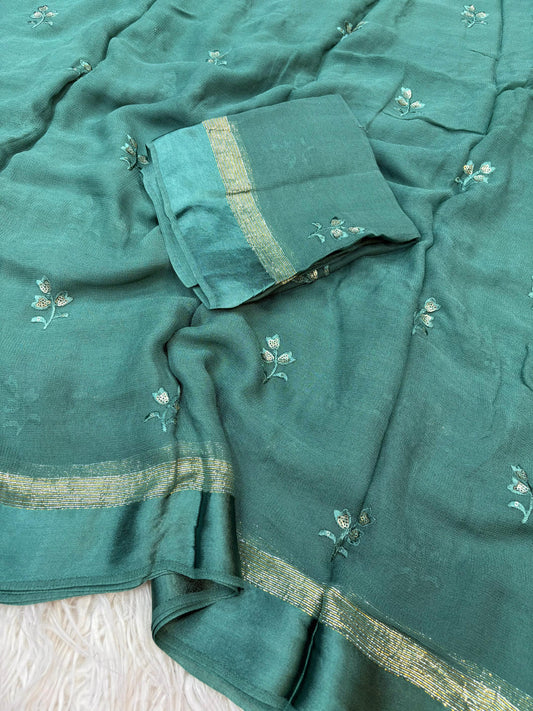 Pure Viscose Georgette Turquoise Colored Saree with Satin Border & All Over Embroidery