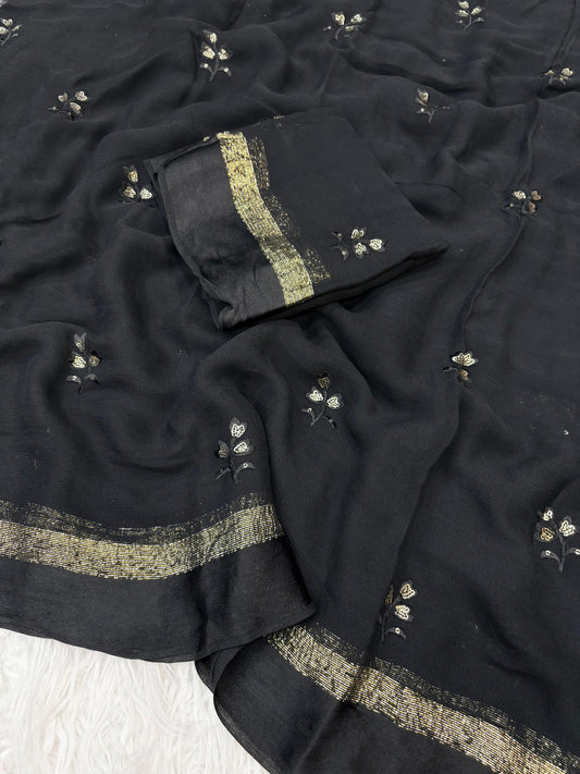 Pure Viscose Georgette Black Colored Saree with Satin Border & All Over Embroidery