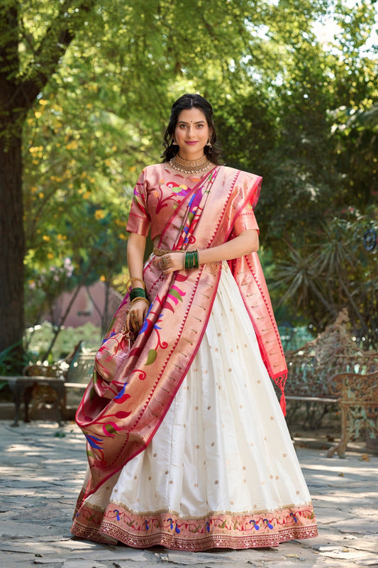 Premium White Colored Jacquard Silk Paithani Lehenga Choli Set with Zari Weaving and Tassel Dupatta