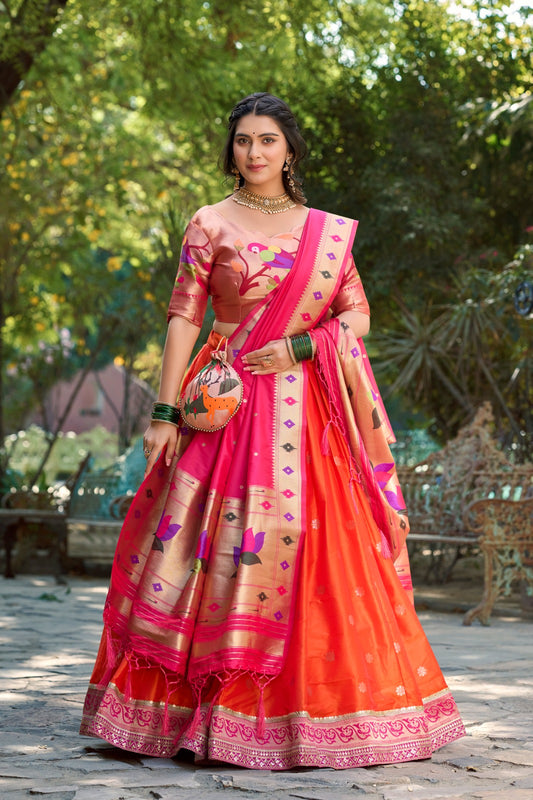 Premium Orange Colored Jacquard Silk Paithani Lehenga Choli Set with Zari Weaving and Tassel Dupatta