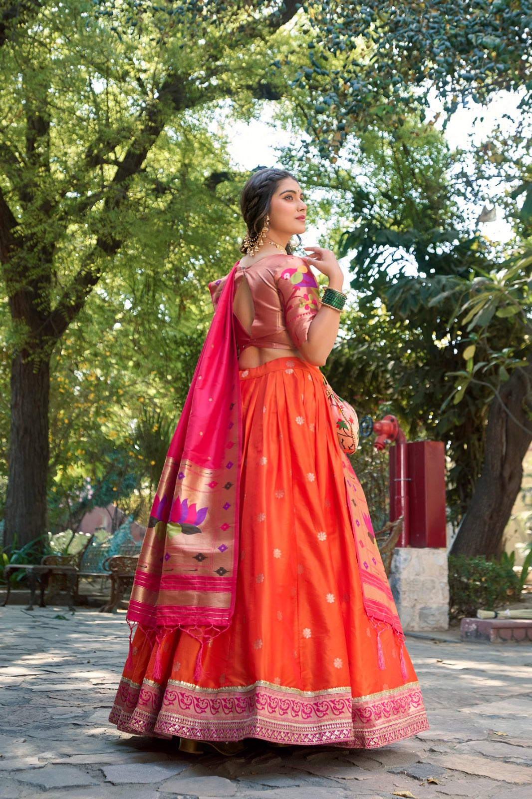 Premium Orange Colored Jacquard Silk Paithani Lehenga Choli Set with Zari Weaving and Tassel Dupatta