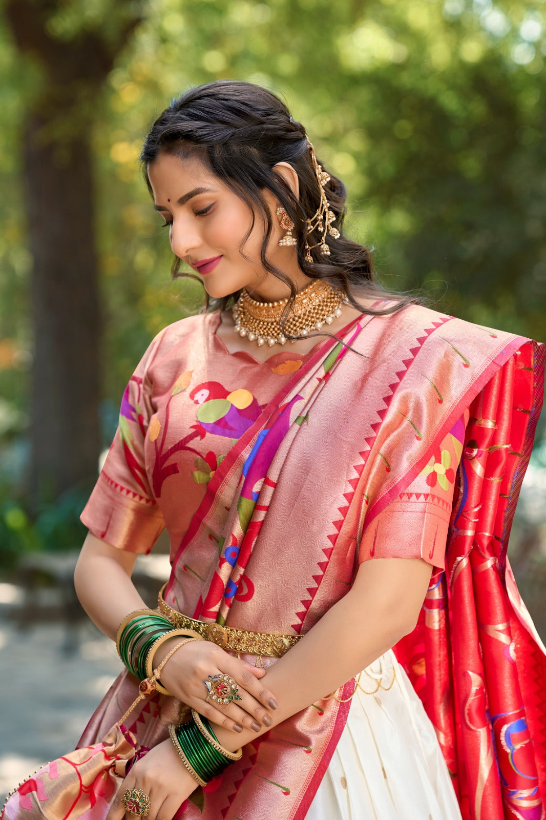 Premium White Colored Jacquard Silk Paithani Lehenga Choli Set with Zari Weaving and Tassel Dupatta
