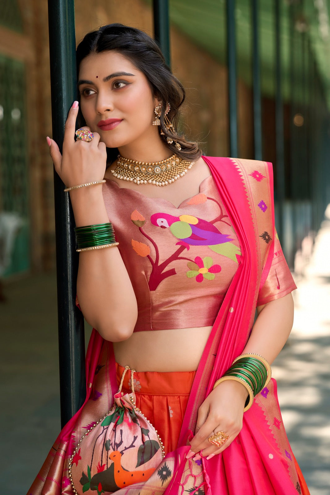 Premium Orange Colored Jacquard Silk Paithani Lehenga Choli Set with Zari Weaving and Tassel Dupatta