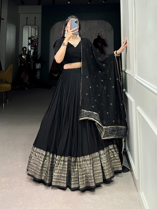 Premium Pure Chanderi Black Colored Lehenga Choli with Zari Weaving Border & Sequins Dupatta