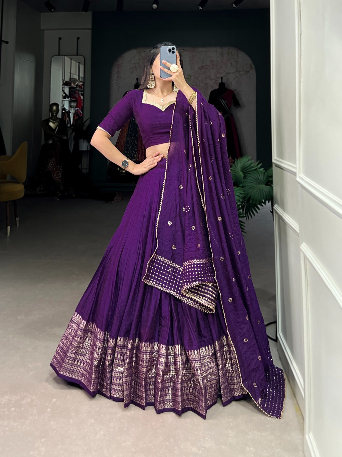 Premium Pure Chanderi Purple Colored Lehenga Choli with Zari Weaving Border & Sequins Dupatta