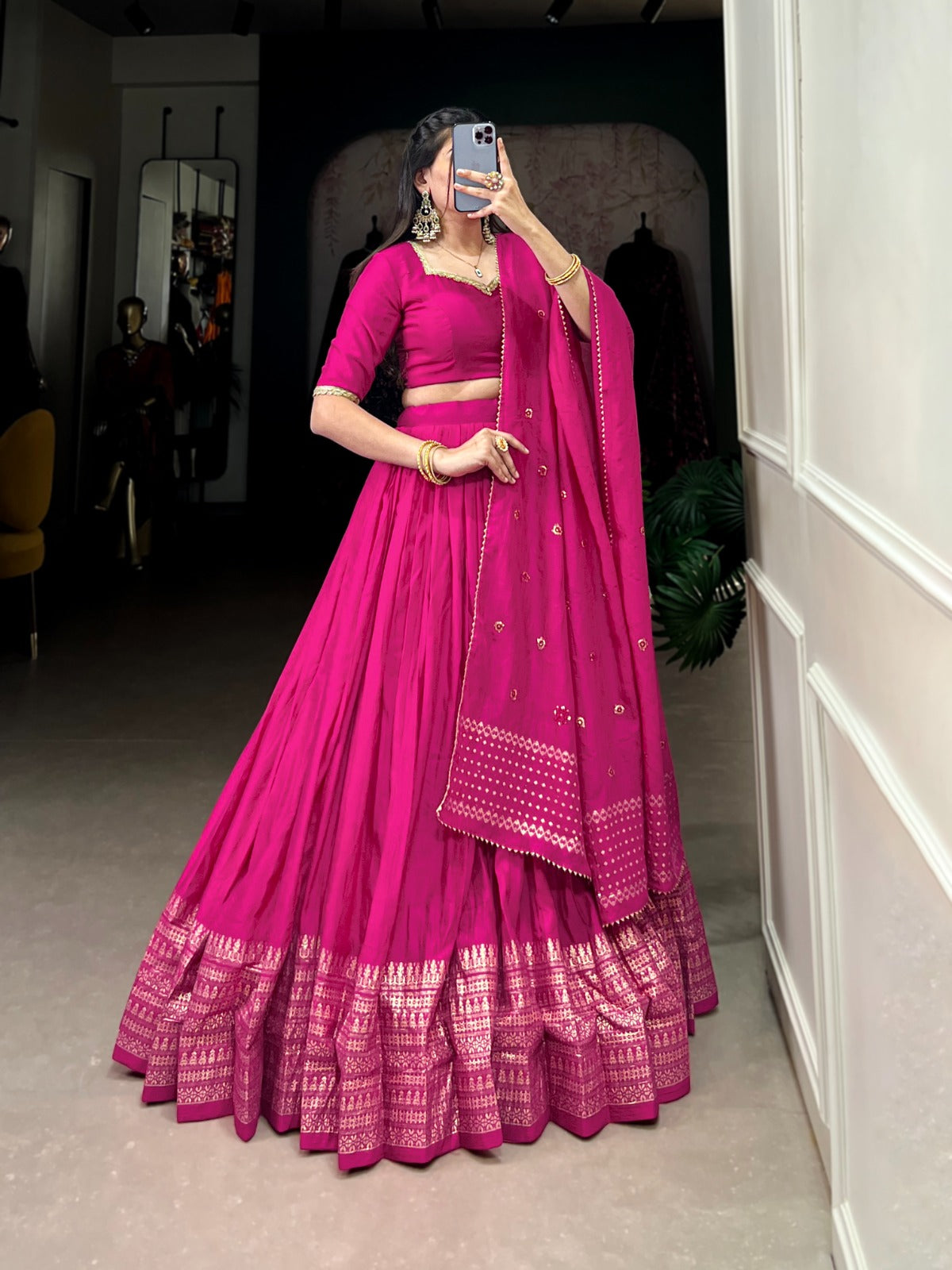 Premium Pure Chanderi Rani Pink Colored Lehenga Choli with Zari Weaving Border & Sequins Dupatta