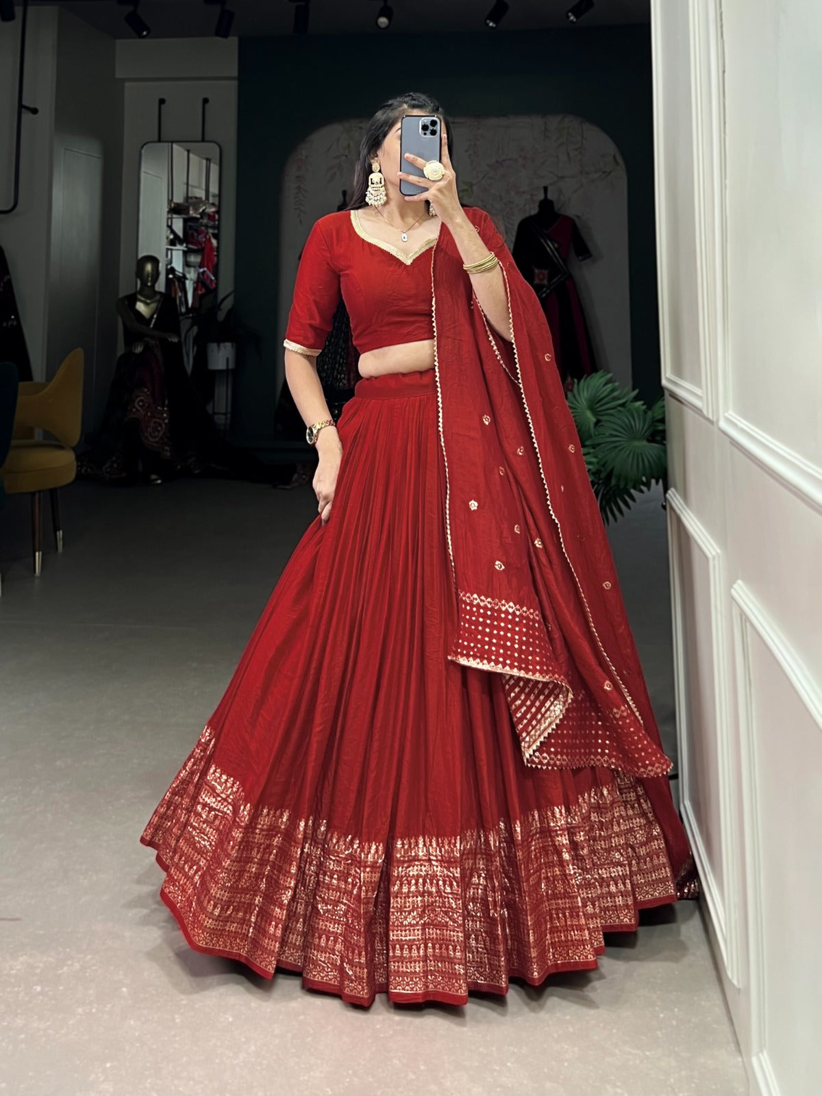 Premium Pure Chanderi Red Colored Lehenga Choli with Zari Weaving Border & Sequins Dupatta