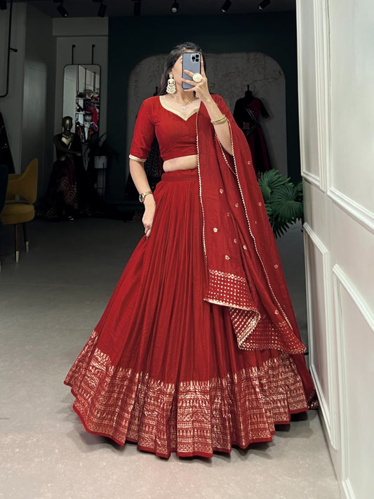 Premium Pure Chanderi Red Colored Lehenga Choli with Zari Weaving Border & Sequins Dupatta