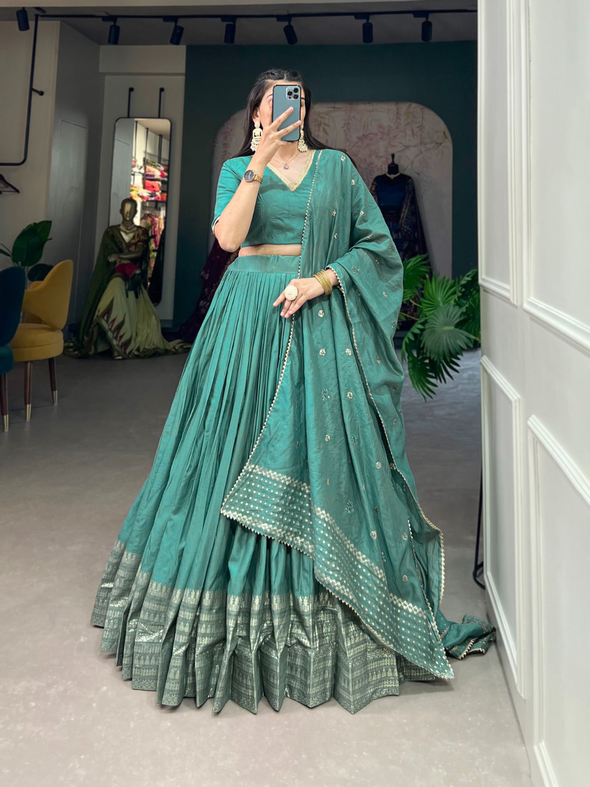 Premium Pure Chanderi Turquoise Green Colored Lehenga Choli with Zari Weaving Border & Sequins Dupatta