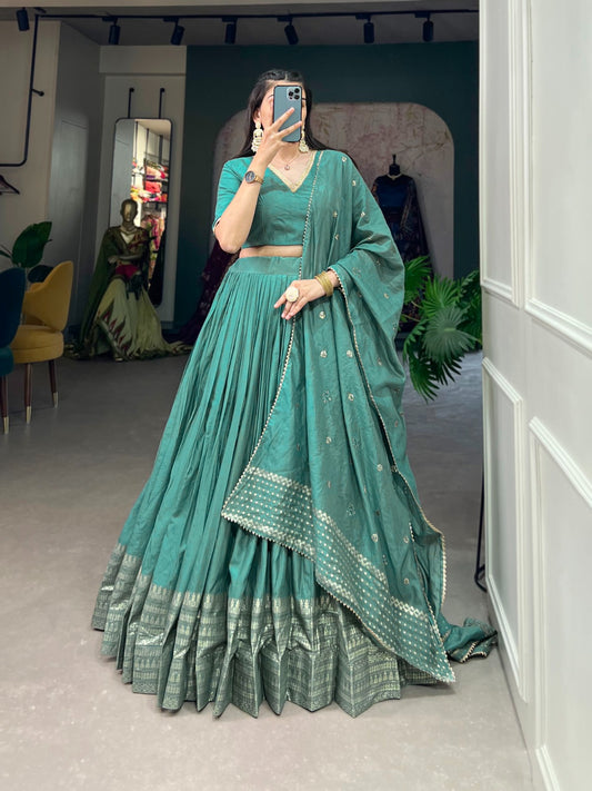 Premium Pure Chanderi Turquoise Green Colored Lehenga Choli with Zari Weaving Border & Sequins Dupatta