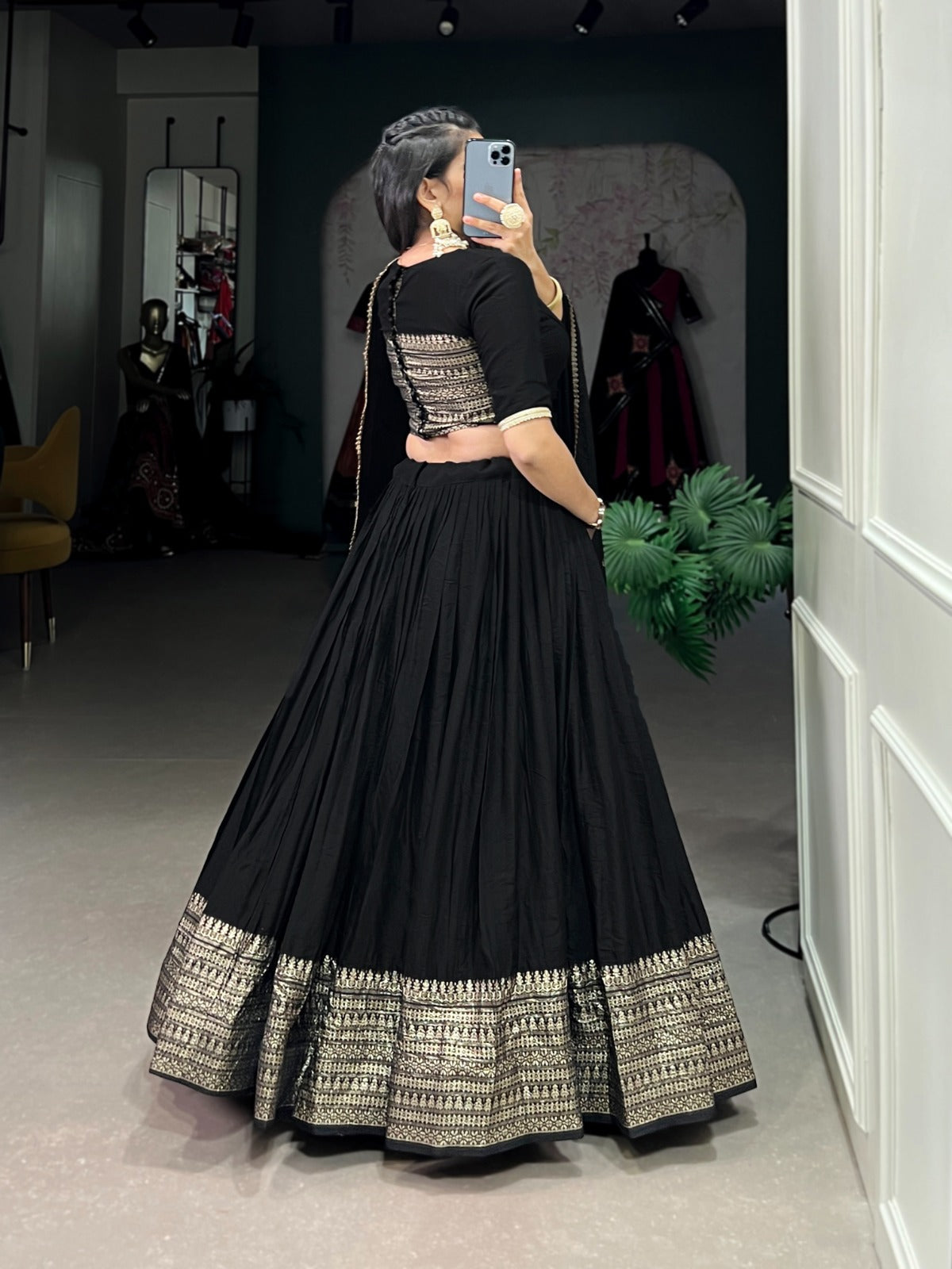 Premium Pure Chanderi Black Colored Lehenga Choli with Zari Weaving Border & Sequins Dupatta
