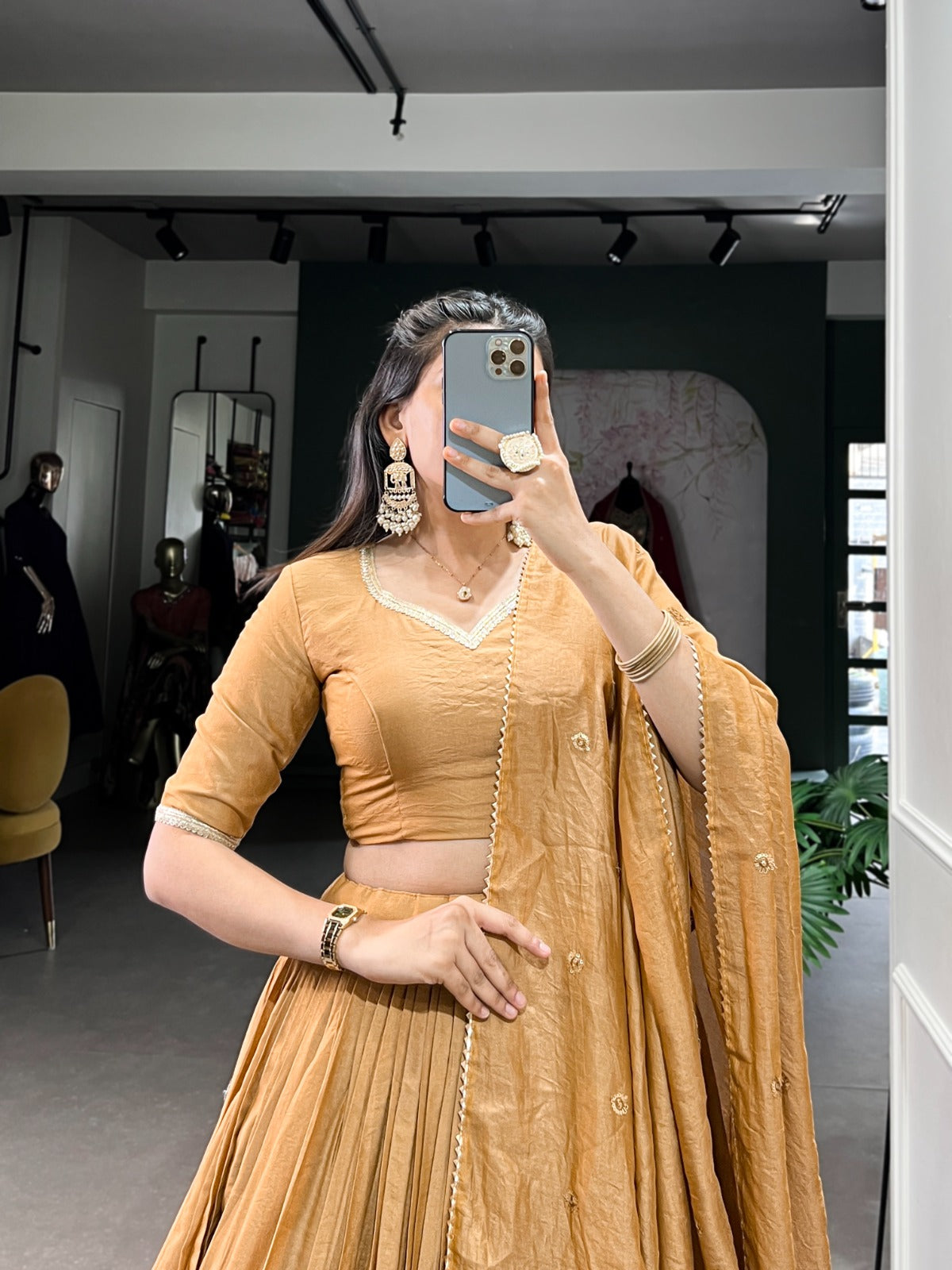 Premium Pure Chanderi Golden Colored Lehenga Choli with Zari Weaving Border & Sequins Dupatta