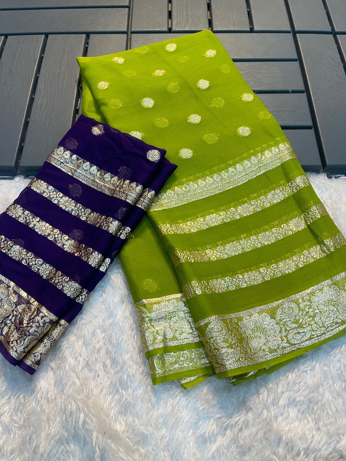 Premium Green Colored Viscose Georgette Saree with Running Blouse