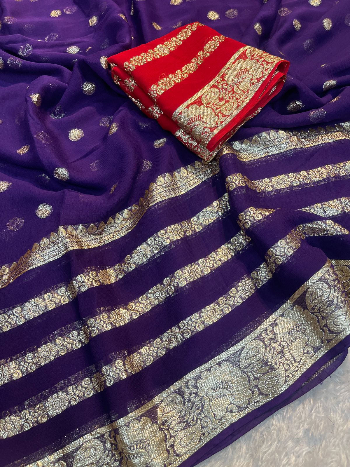 Premium Purple & Red Colored Viscose Georgette Saree with Running Blouse