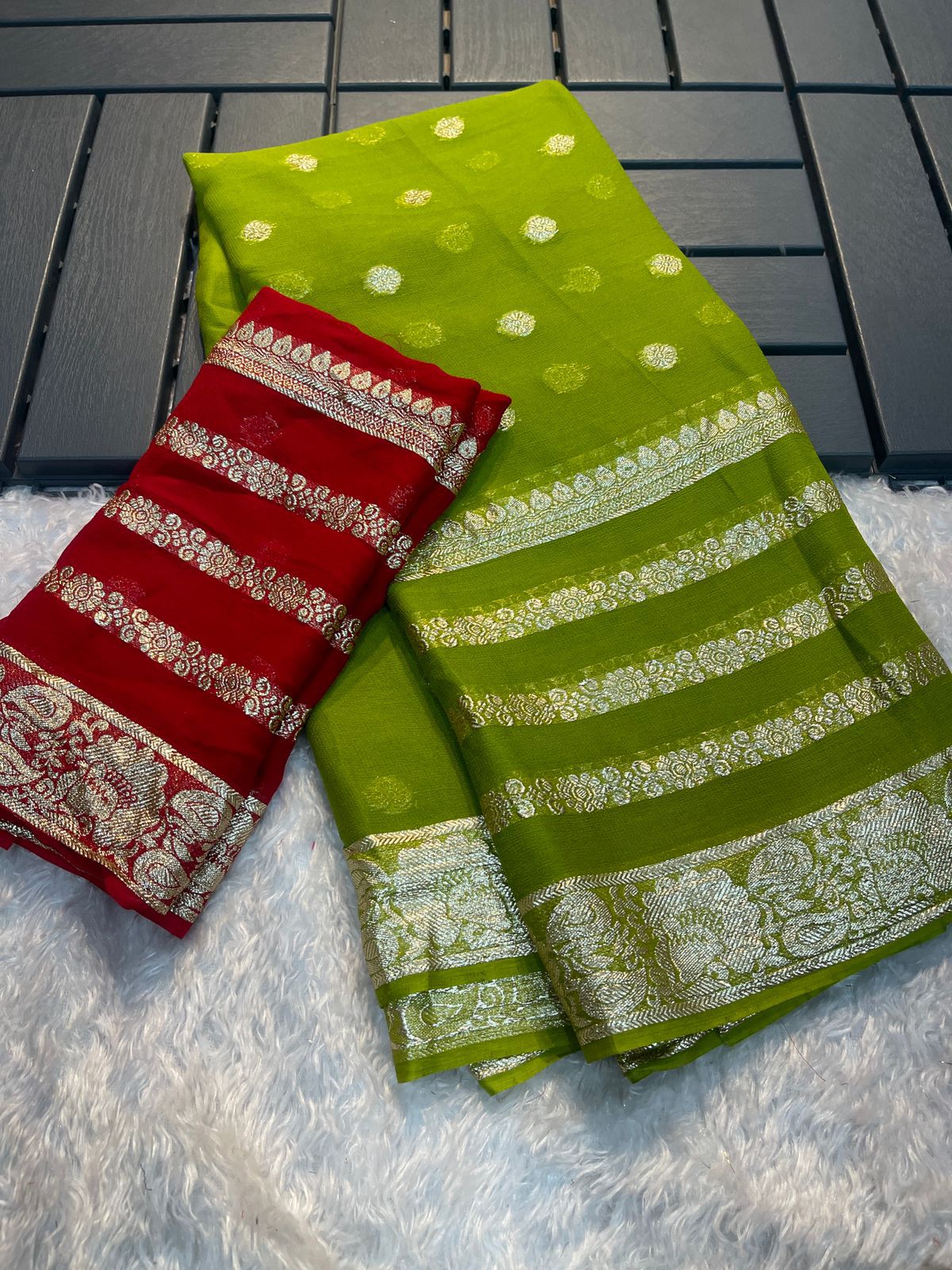 Premium Green & Red Colored Viscose Georgette Saree with Running Blouse