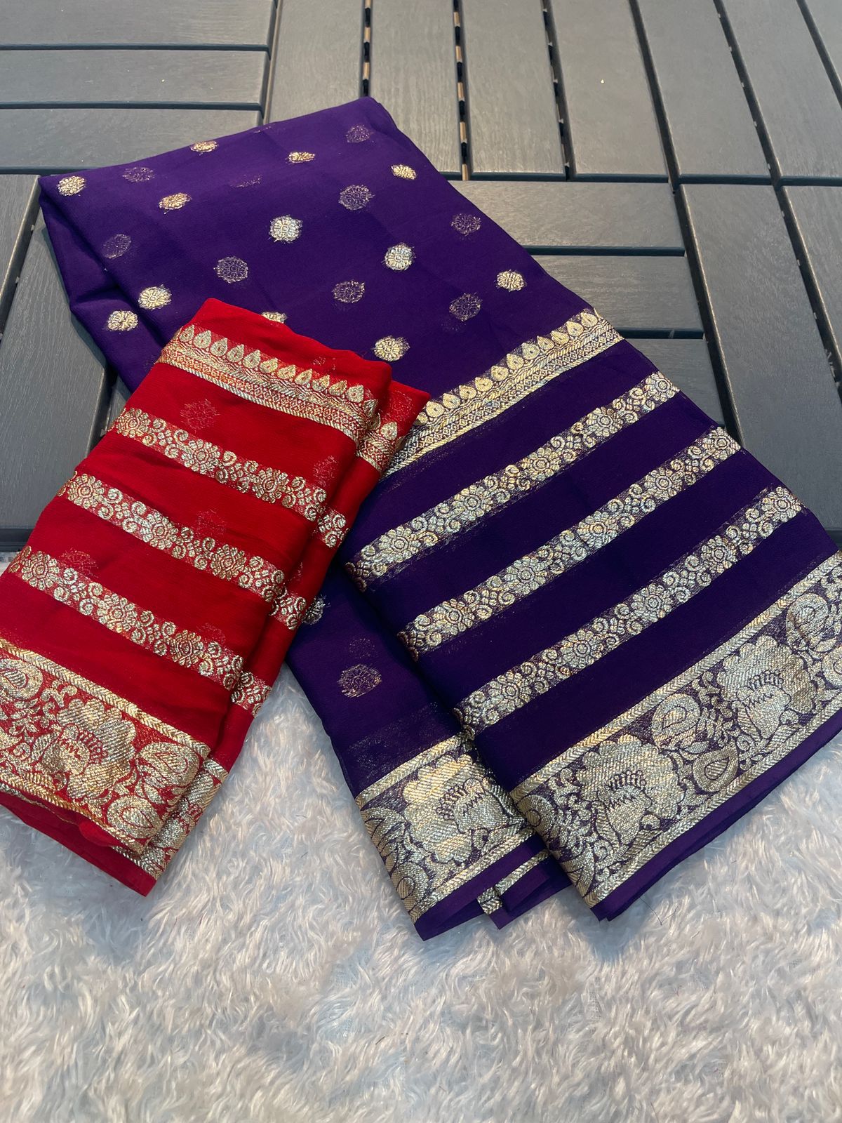 Premium Purple & Red Colored Viscose Georgette Saree with Running Blouse