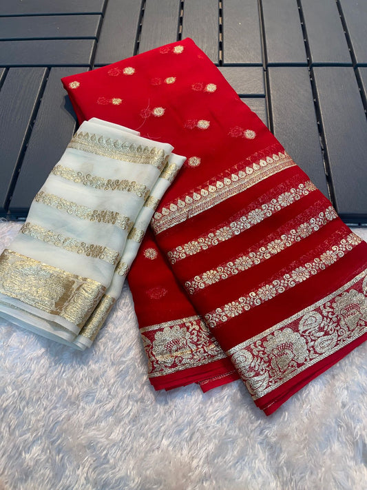 Premium Red & White Colored Viscose Georgette Saree with Running Blouse