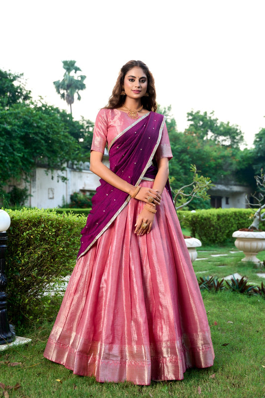 Premium Pink & Purple Colored Kanchipuram Zari Weaving Lehenga Choli with Vichitra Silk Embroidered Dupatta