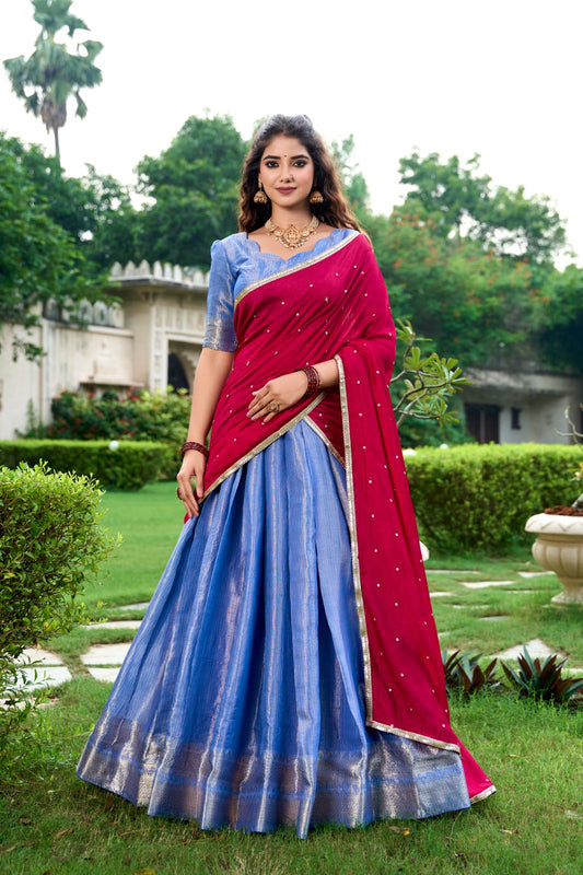 Premium Light Blue & Maroon Colored Kanchipuram Zari Weaving Lehenga Choli with Vichitra Silk Embroidered Dupatta