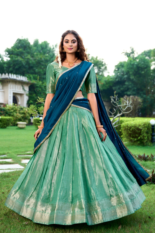 Premium Light Green & Navy Blue Colored Kanchipuram Zari Weaving Lehenga Choli with Vichitra Silk Embroidered Dupatta